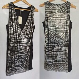 Ramy Brook Dress Printed Lola Black Silver Wrap Mini 0 Metal Relaxed‎ Deep V New